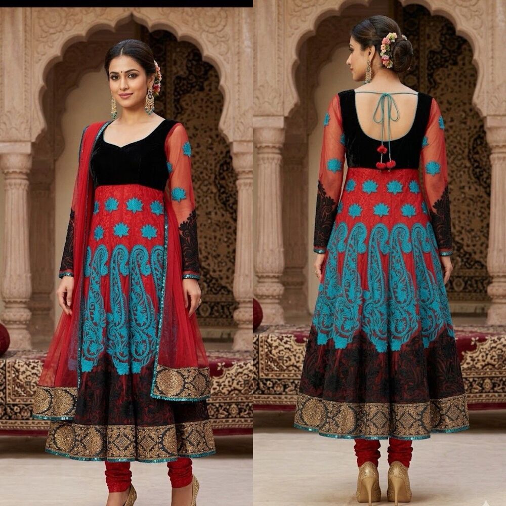 3pc Embroidered Anarkali Suit Red & Teal Floral Paisley Velvet Accents Womens XS